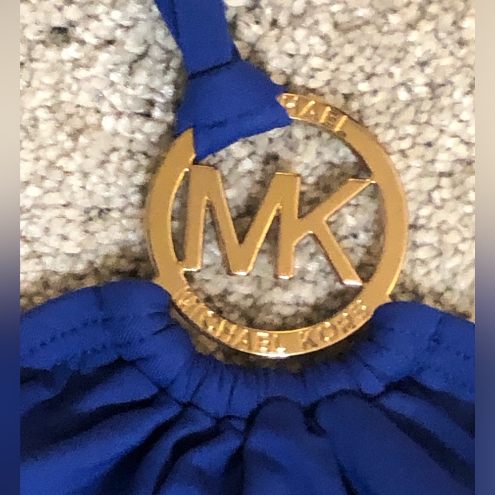MICHAEL Michael Kors Blue Halter Tankini Swim Top Gold MK Logo Resort Sz L - Picture 4 of 8